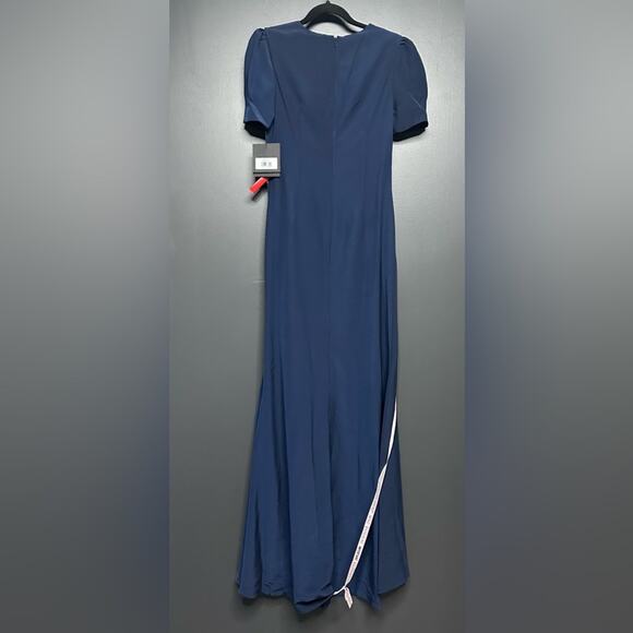 NWT Mac Duggal 2630 Plunge Neck Puff Sleeve Cut Out Gown Navy 4 - Picture 7 of 7